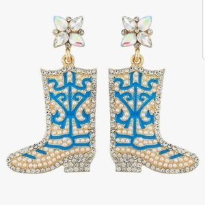 Blue Gold Cowgirl Boots Western Earrings Pearls & Rhinestone Rodeo Jewelry